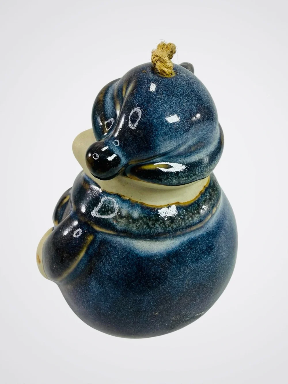 Ceramic Glazed Snowman Hanging Bell Christmas Ornament Cobalt Blue Gold Broom